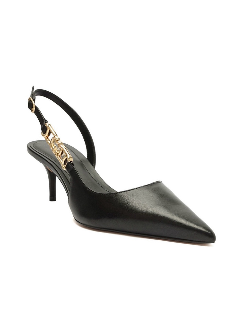 Arezzo FAYE Black Pointed Slingback Kitten Heel with Gold Chain Detail 8M. NWT